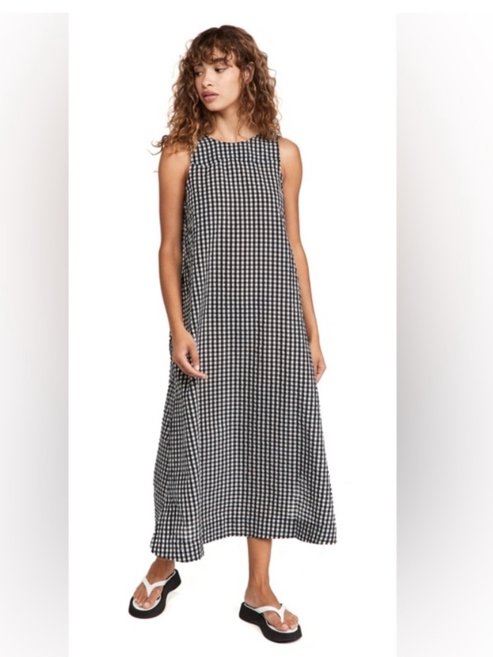 GANNI open-back seersucker midi dress in black and white